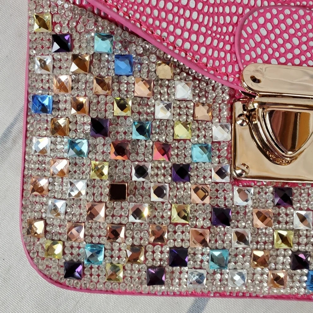 Rhinestone Embellished Crossbody Bag Pink Reptile Envelope Style Barbiecore - Picture 7 of 16